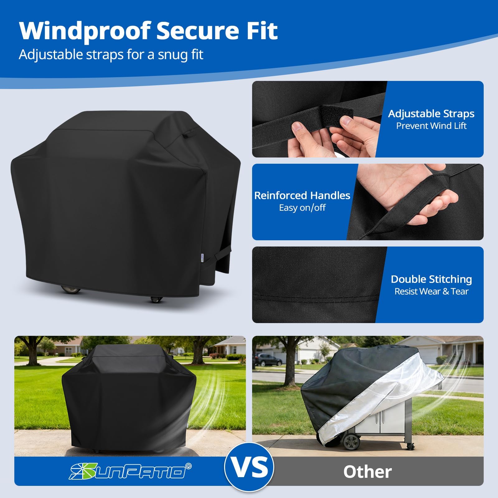 SunPatio wide coverage demonstration protecting grill from rain