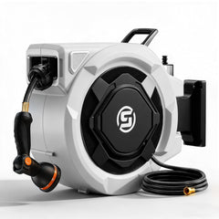 SUNPOW wall-mounted reel front view showing tidy storage and quick access