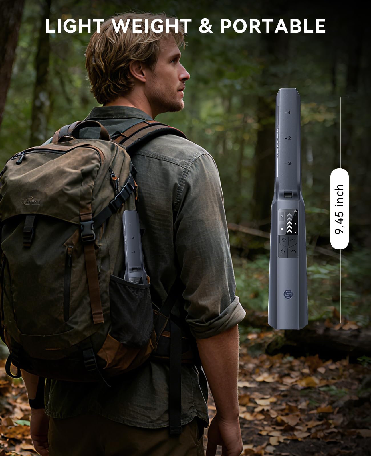 SUNPOW GD01 beside ruler showing compact size and portable convenience