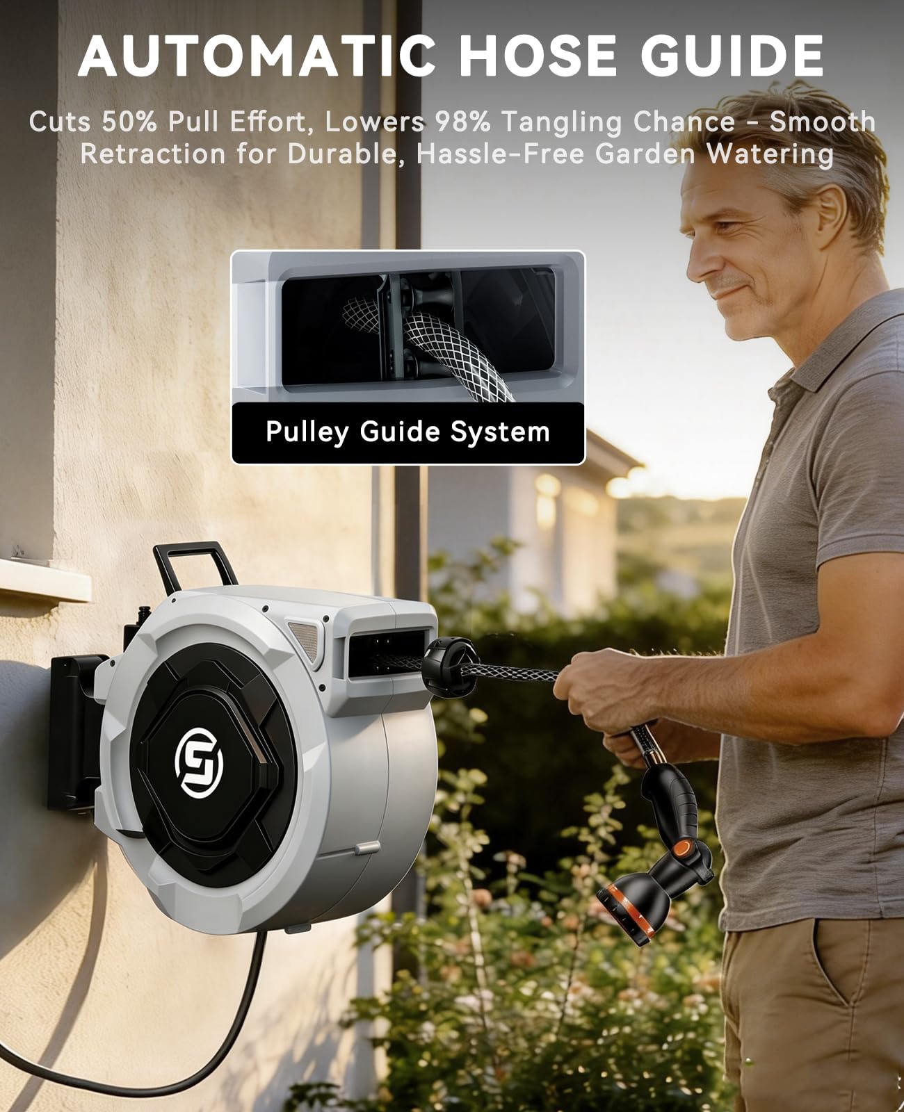 SUNPOW hose extended in garden use showing fast flow for watering plants