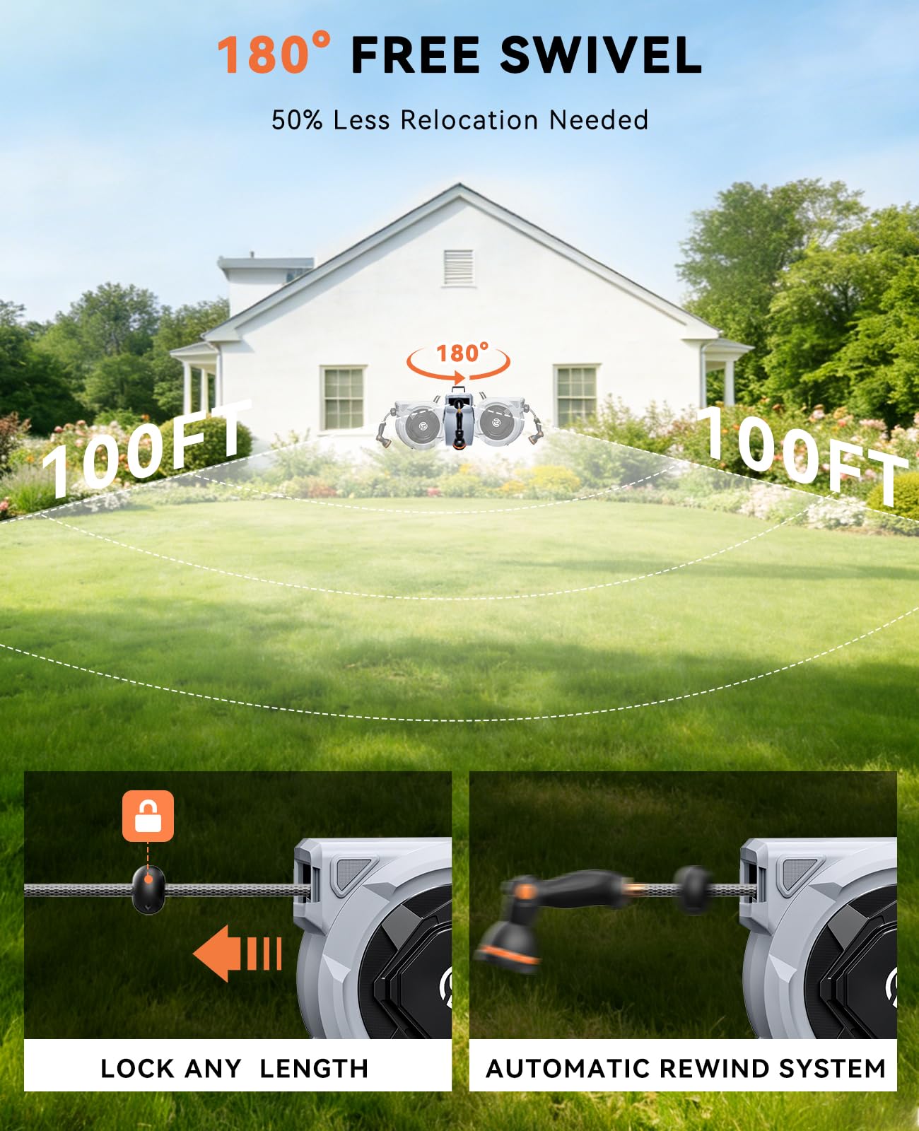 SUNPOW hose fully extended across lawn for wide 100ft reach