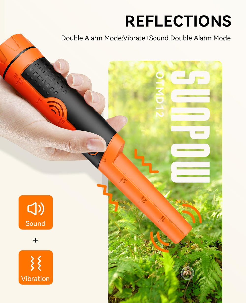 SUNPOW pinpointer held in hand showing scale and easy portability benefit