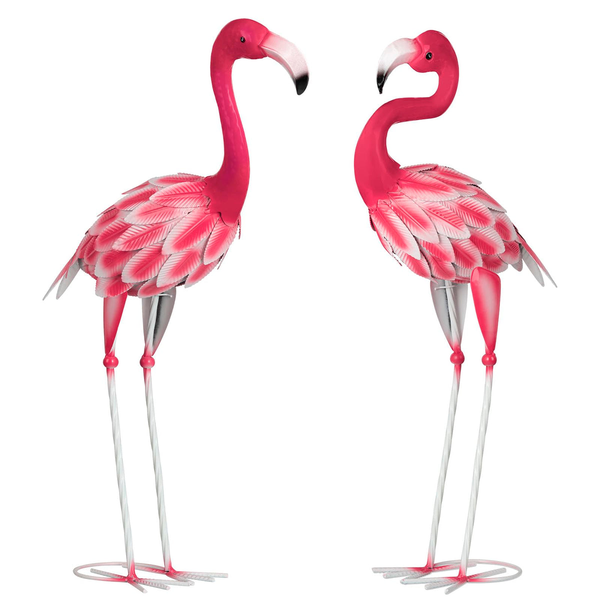 SUNREEK front view of two pink flamingo statues showing colorful finish and balance
