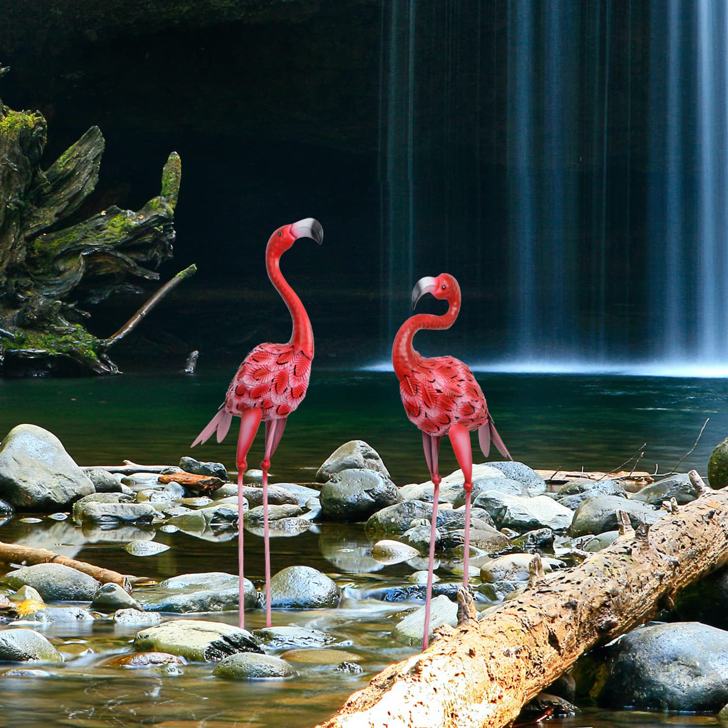 SUNREEK flamingo pair beside pool demonstrating weather-ready outdoor charm