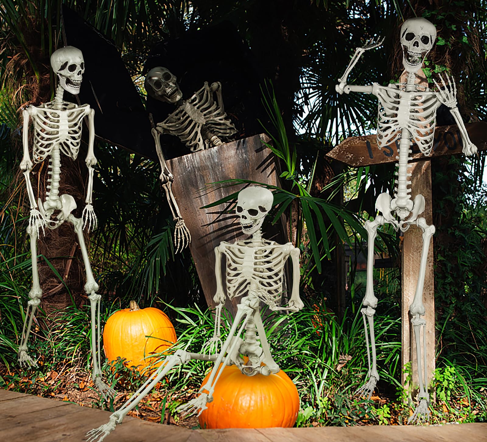 SUNREEK skeleton dressed with costume and wig for personalized themed decoration