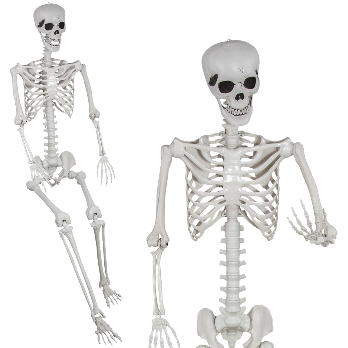 SUNREEK front view full-body skeleton shows life-size realism and instant spooky atmosphere