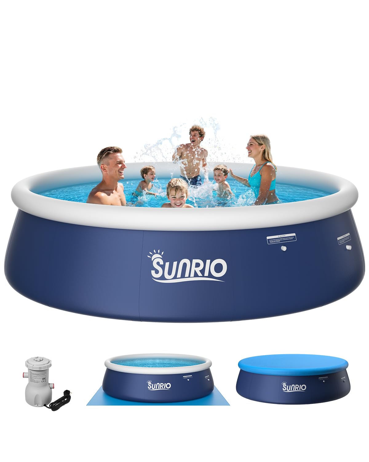 Sunrio front packaging showing included pump cover and ground mat benefits