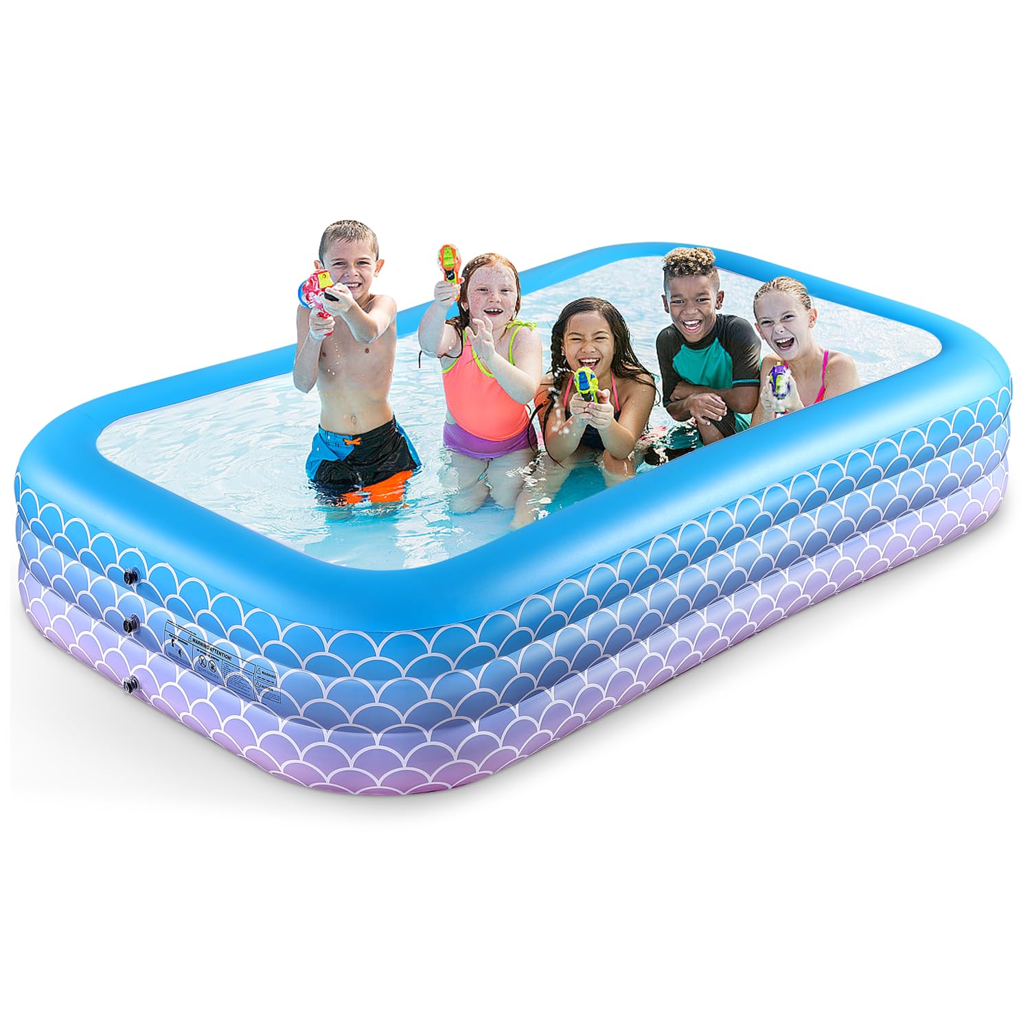 Sunrio front view of full-sized inflatable pool showing roomy layout and bright colors