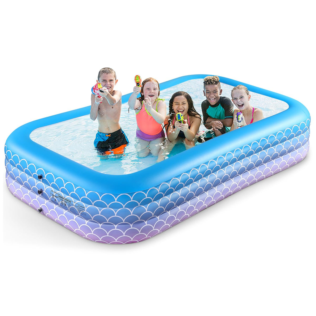 Sunrio front view of full-sized inflatable pool showing roomy layout and bright colors