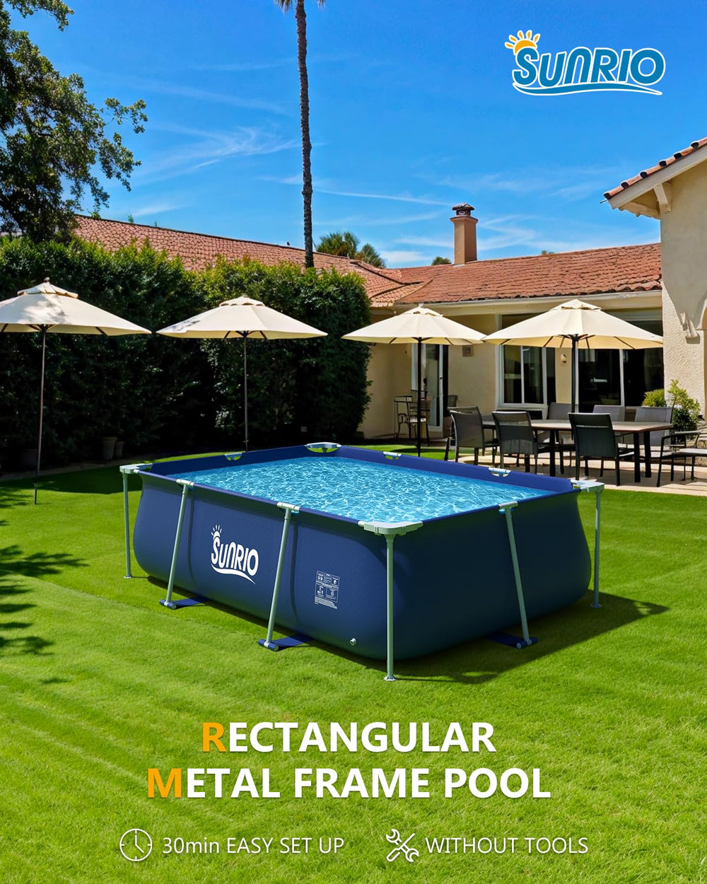 Sunrio backyard scene with pool filled offering convenient family cooling spot