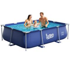 Sunrio front view of pool showing full rectangular shape and family-friendly size