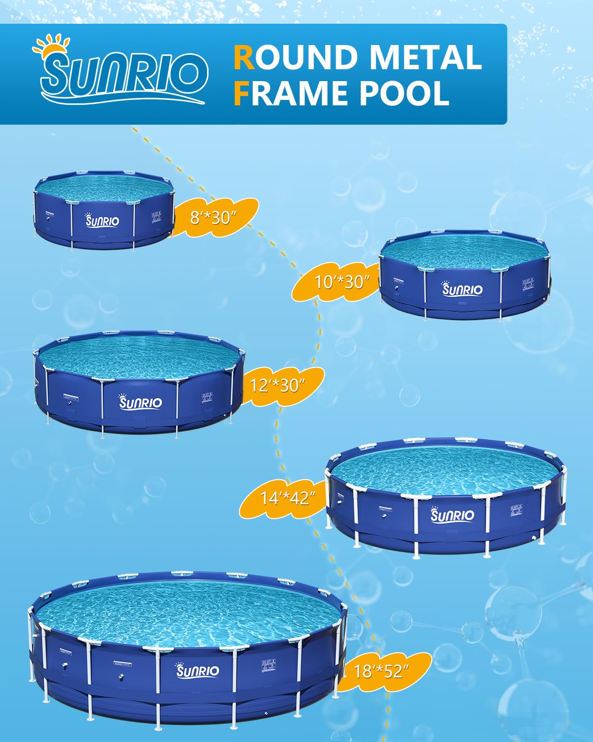 Sunrio pool next to a person for scale showing compact 8ft size advantage