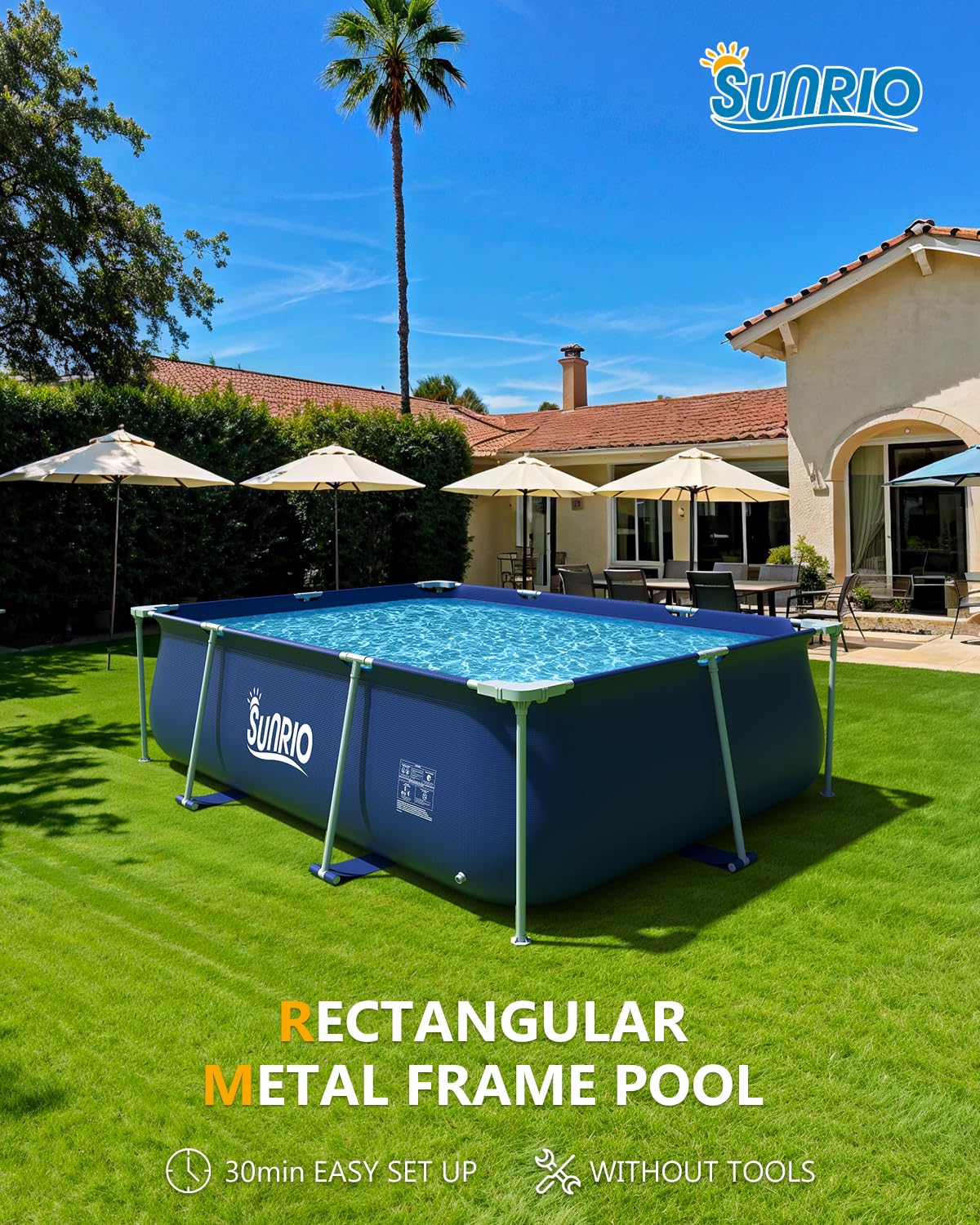 Sunrio pool next to a person for scale showing compact footprint and space-saving benefit