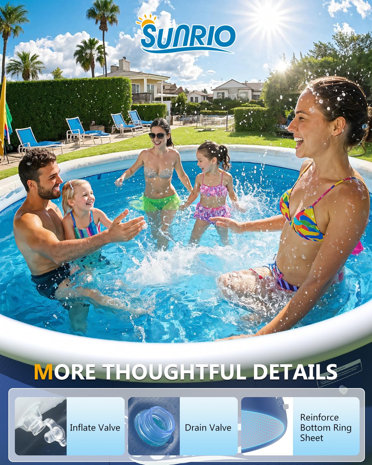 Sunrio pool cover stretched over pool reducing debris and simplifying maintenance