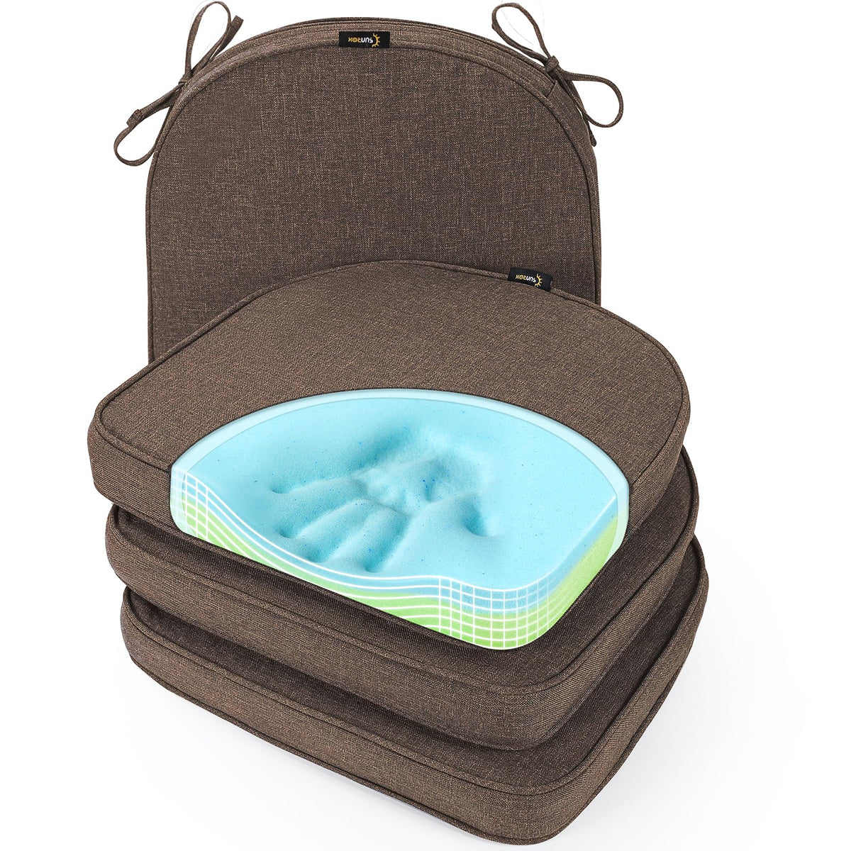 SUNROX front view of four heather chestnut cushions showing neat set and color durability