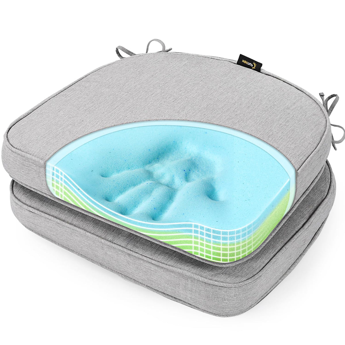 SUNROX front view set of 2 heather grey cushions showing neat piping and color retention