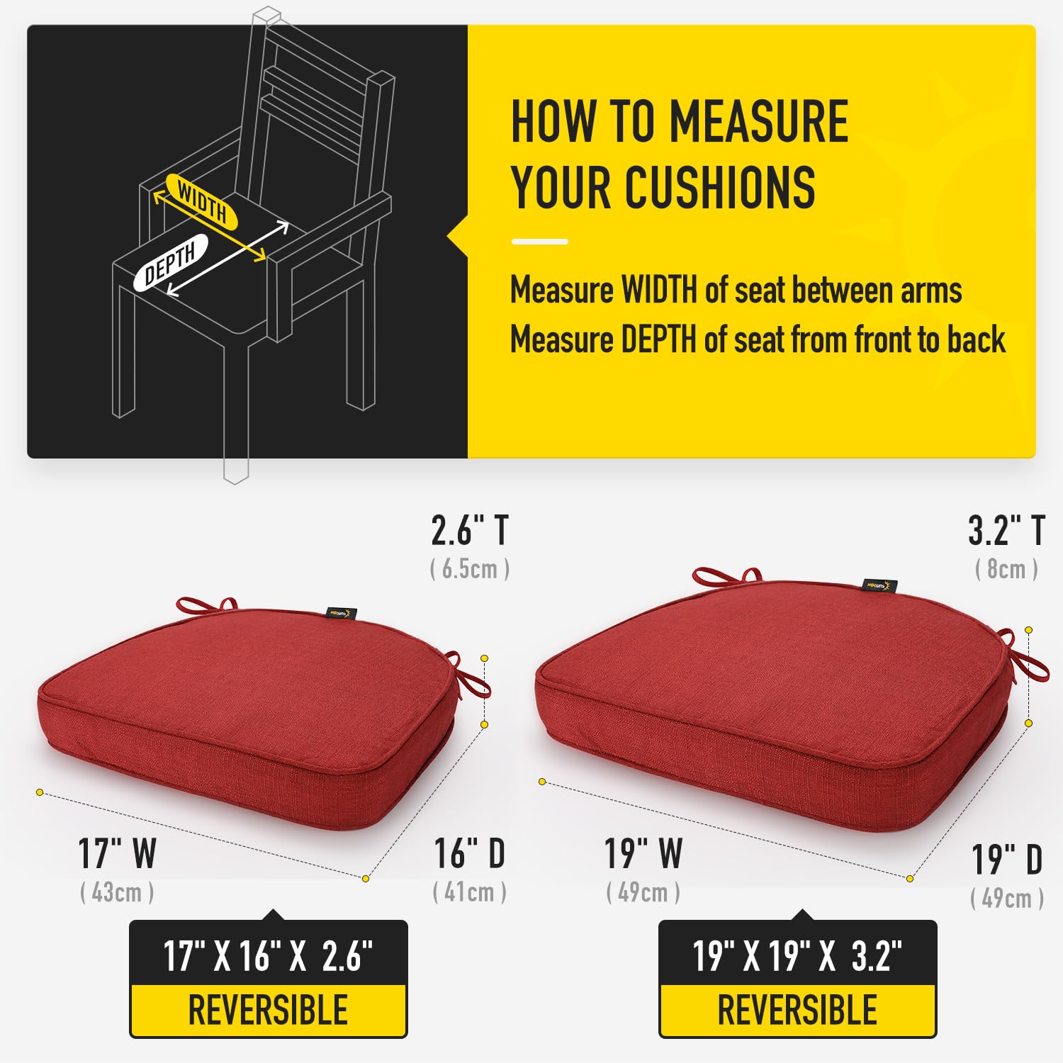 SUNROX cushion beside ruler showing 17x16 inch dimensions for accurate sizing