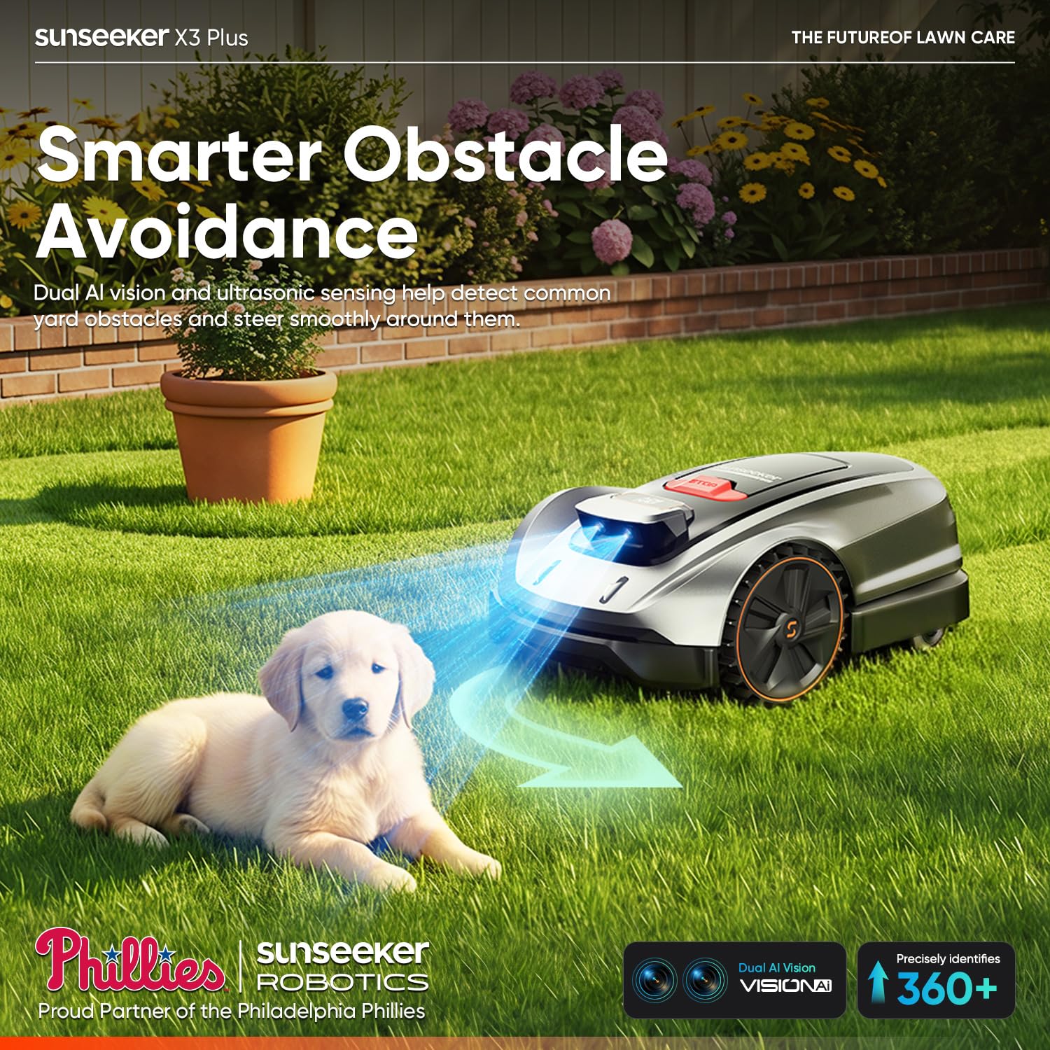 SUNSEEKER X3 Plus mowing multiple zones across lawn showing coverage benefit