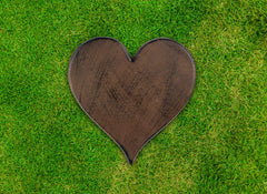 Sunset Vista heart cast iron stepping stone placed by garden path offers lasting decorative pathway solution