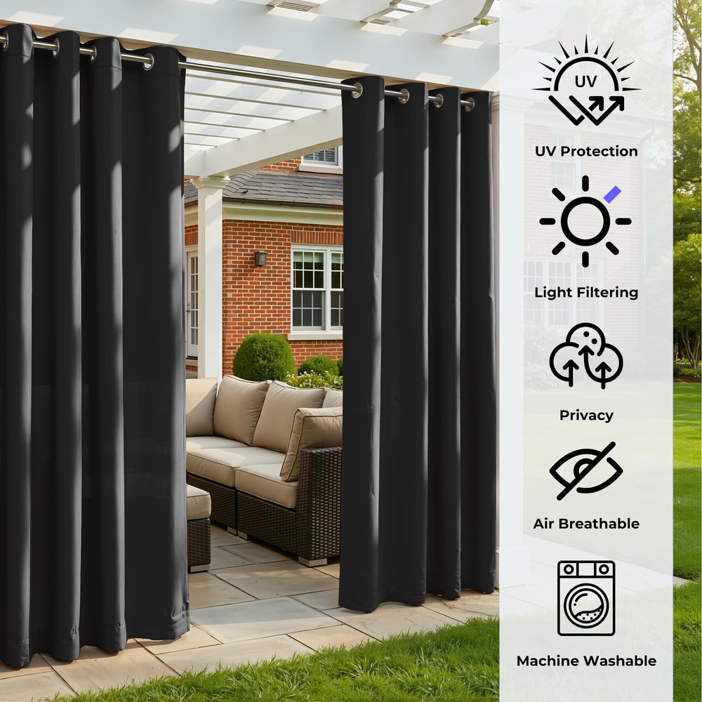 Sunshelf curtains installed on pergola creating shaded outdoor living area