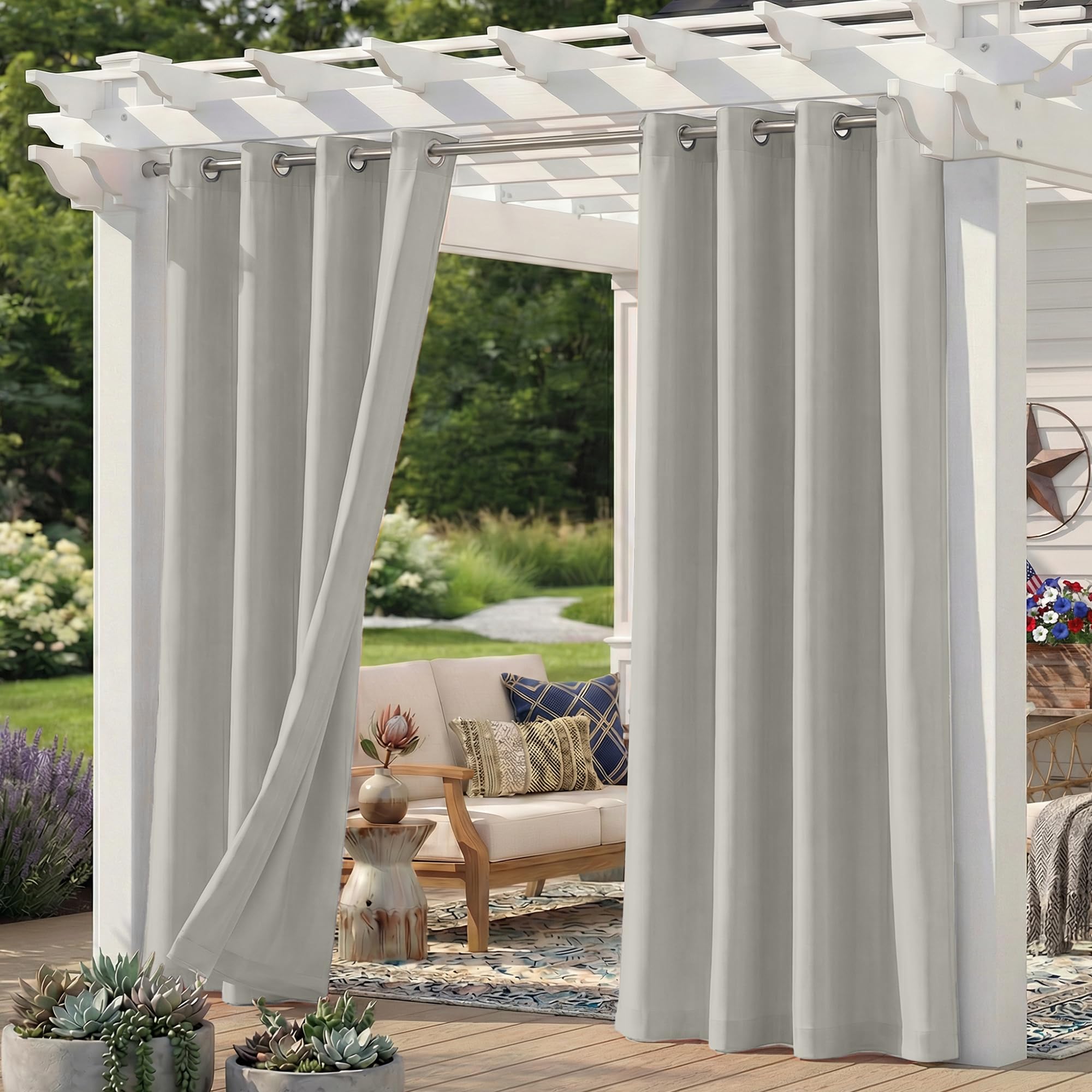 Sunshelf front view of silvergrey curtain panels adding privacy and style