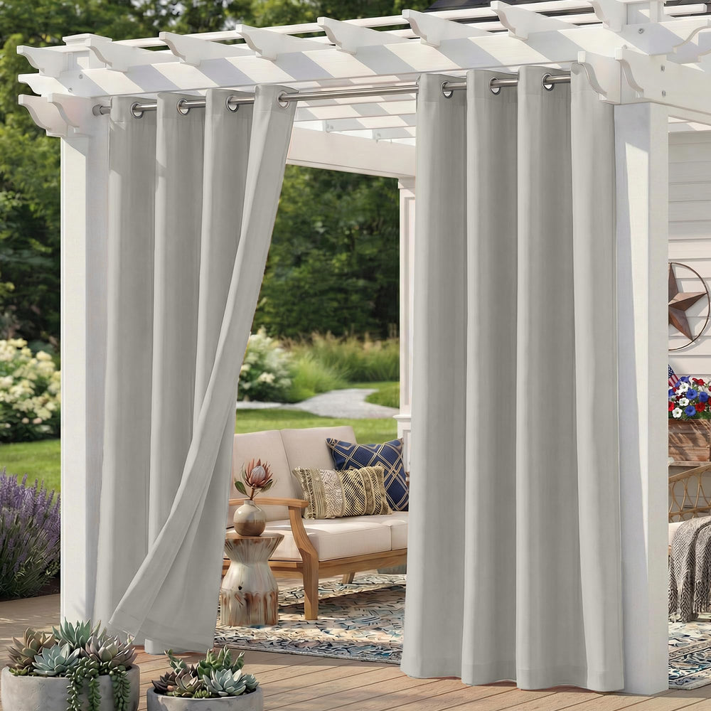 Sunshelf front view of silvergrey curtain panels adding privacy and style