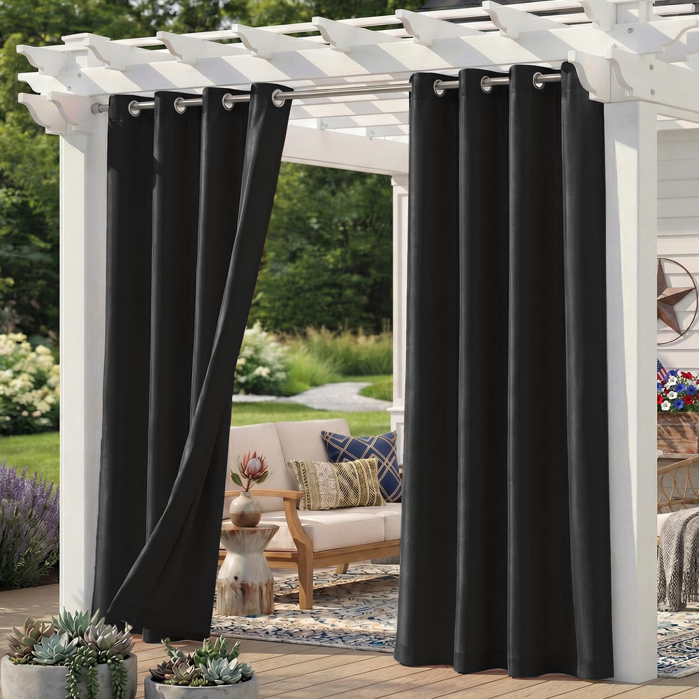 Sunshelf front view of black patio curtains adding privacy and style
