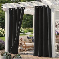 Sunshelf front view of black patio curtains adding privacy and style