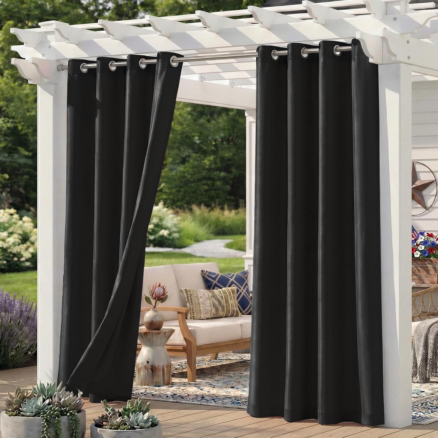 Sunshelf front view of six black outdoor curtain panels for polished patio privacy