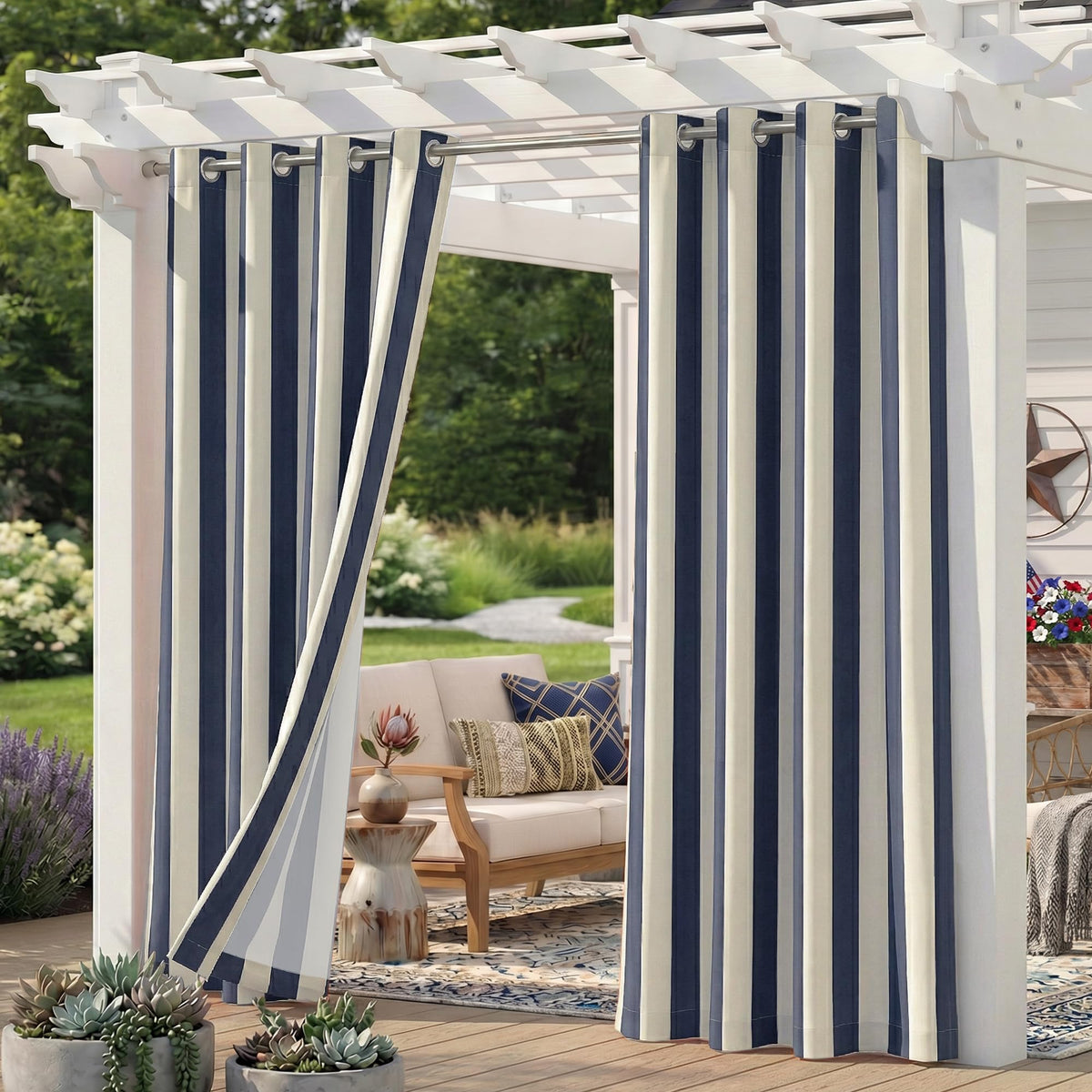 Sunshelf front view of navy sand striped panels showing elegant outdoor style