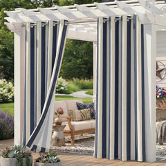 Sunshelf front view of navy sand striped panels showing elegant outdoor style