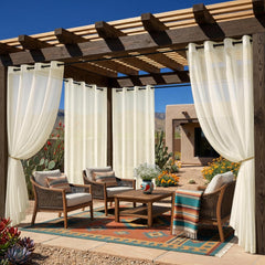 Sunshelf front view of four sheer patio panels showing airy style and light diffusion