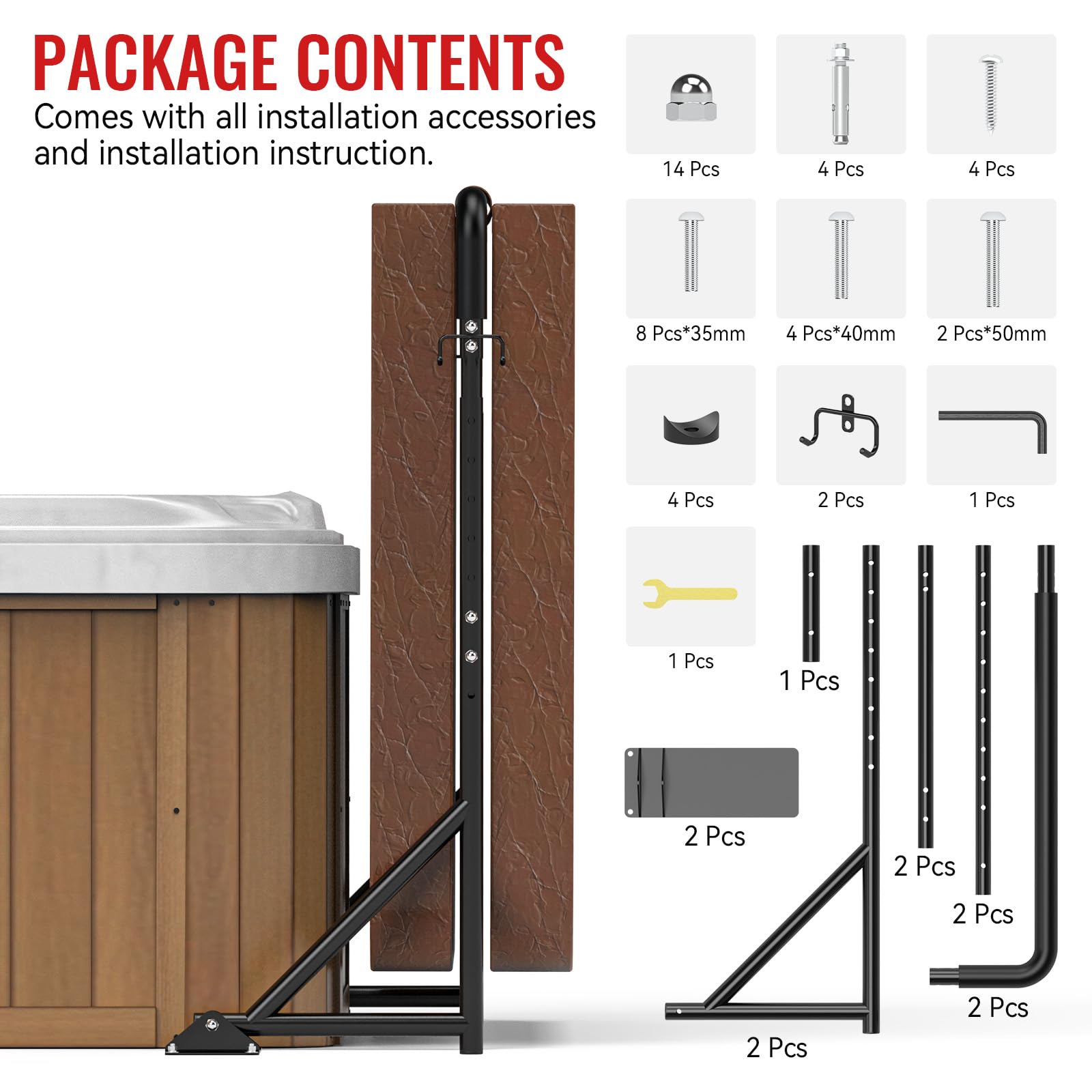 SUNSHINE FARMRE size comparison showing lifter scale beside hot tub for proper fit planning