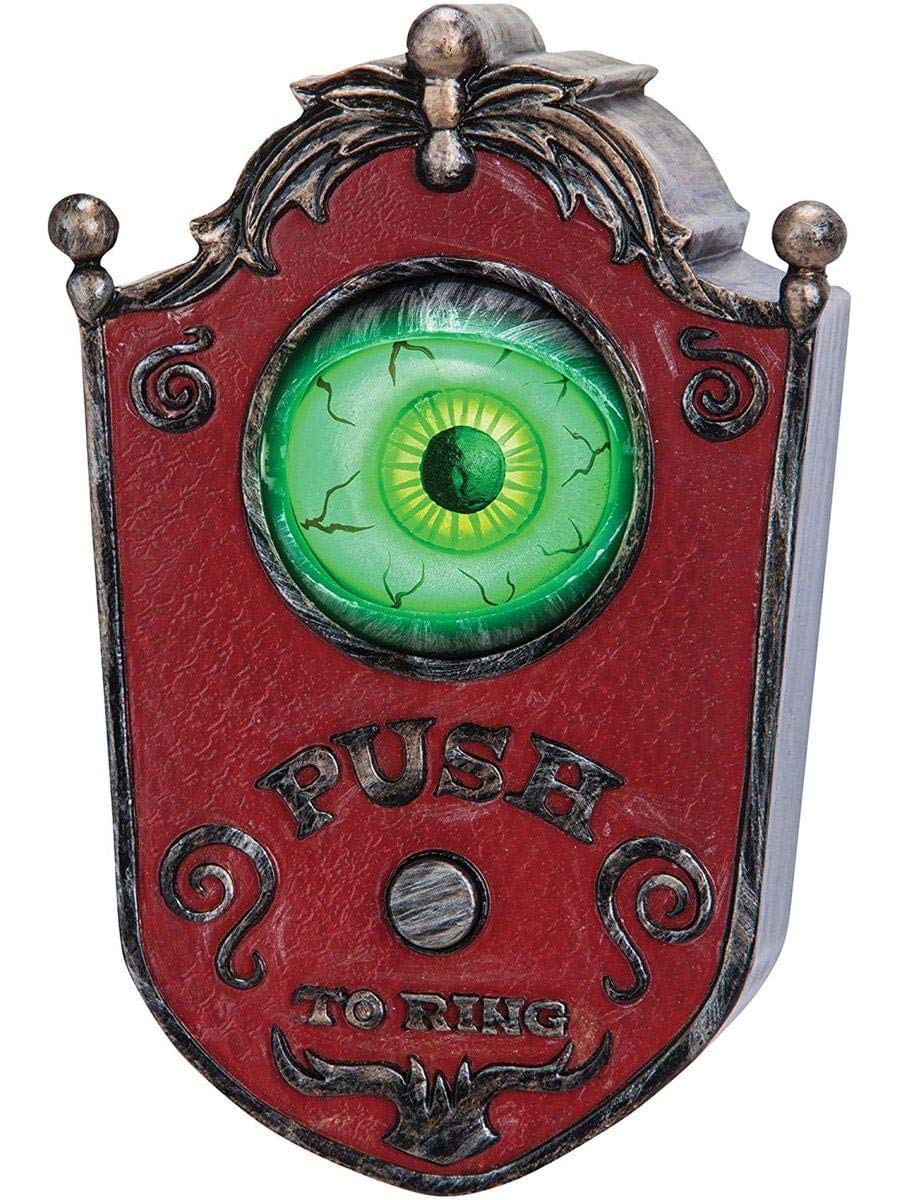 Sunstar Industries Gemmy eyeball doorbell front view showing illuminated eye and button for spooky effect