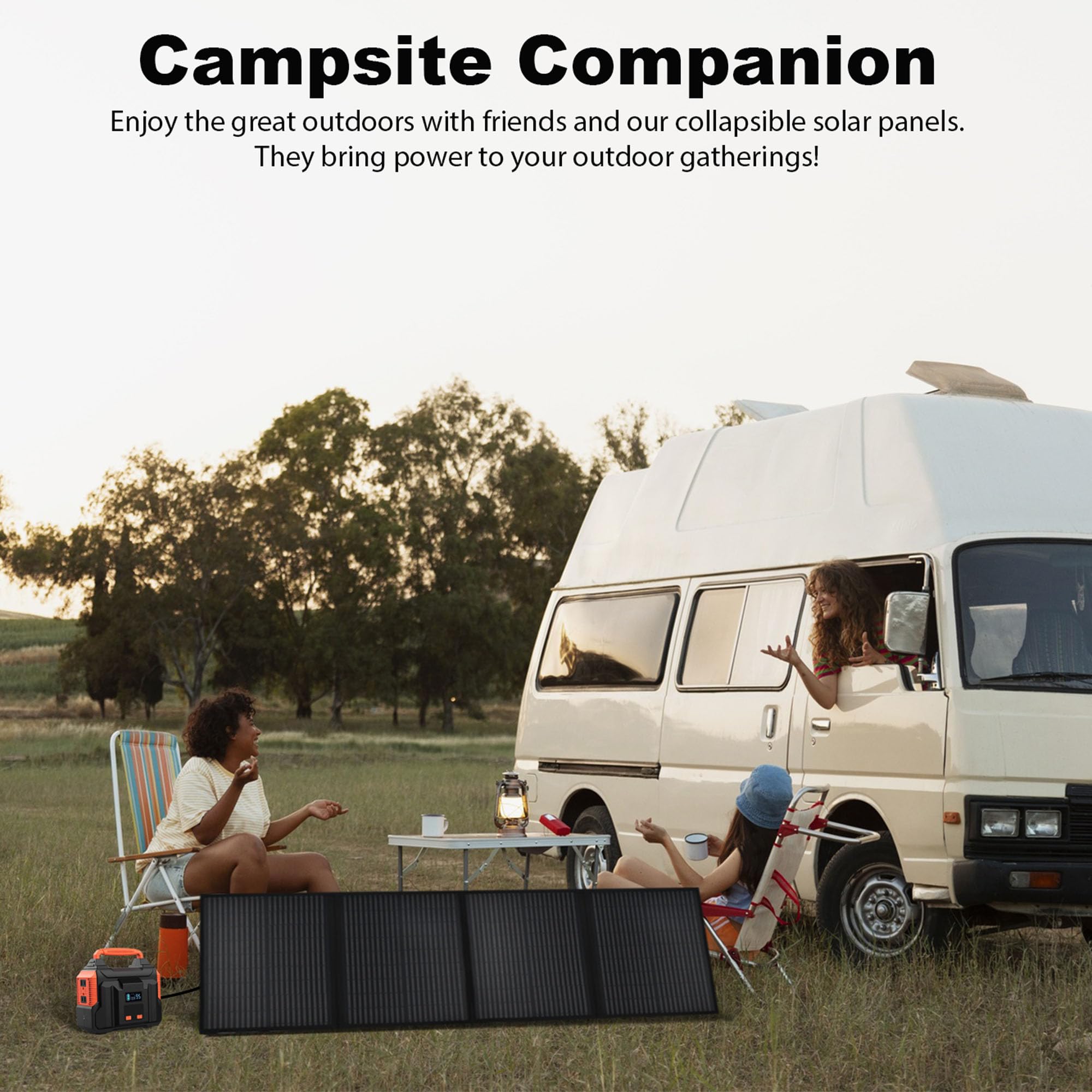 SUNSUL panel laid at campsite powering devices for off-grid convenience