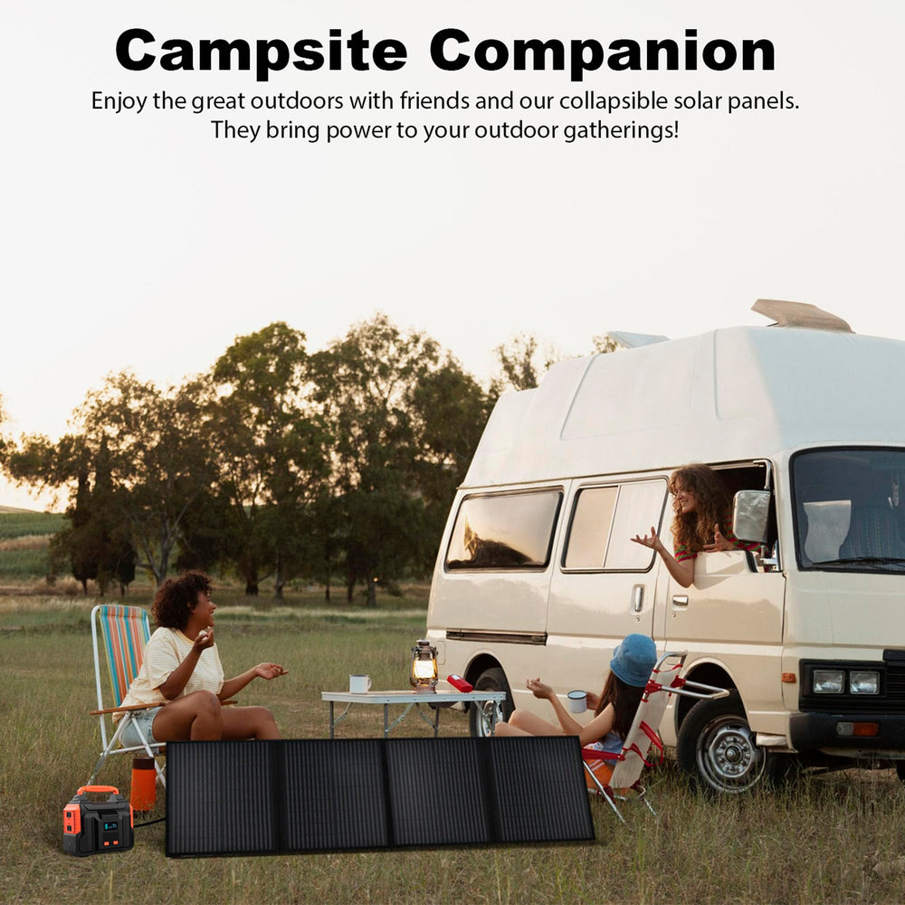 SUNSUL panel laid at campsite powering devices for off-grid convenience