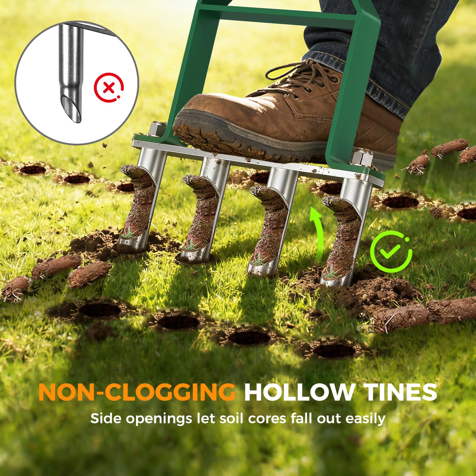 Suntee close-up of hollow core tines showing open-side design and non-clog benefit