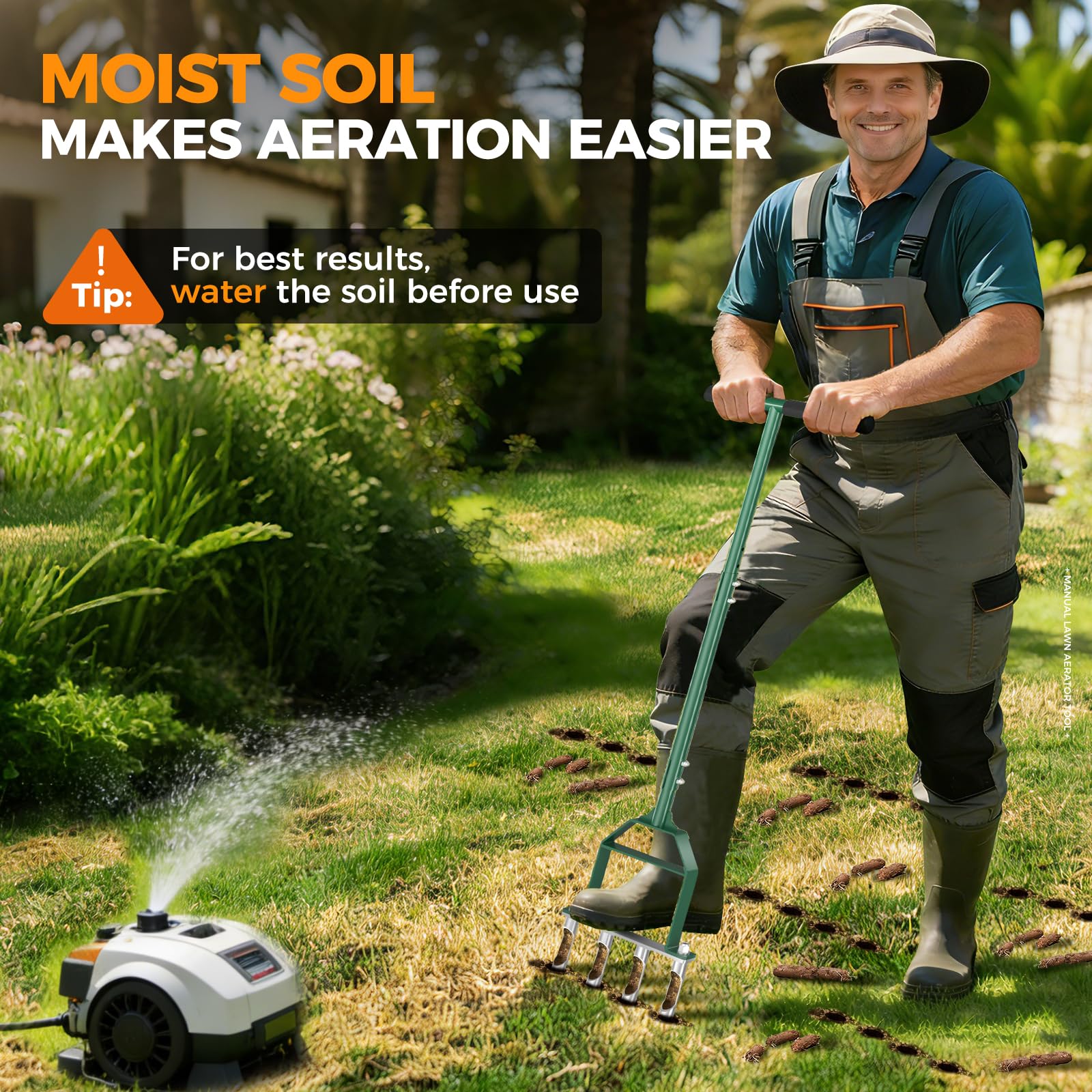 Suntee aerator in use on lawn improving soil access for air and water