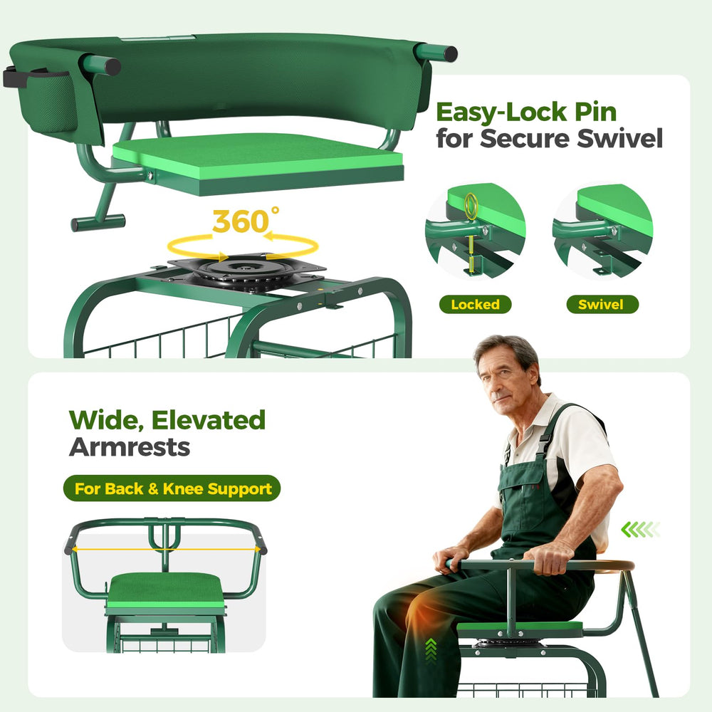 Suntee backrest with attached tool pouch organizing hand tools for faster tasks