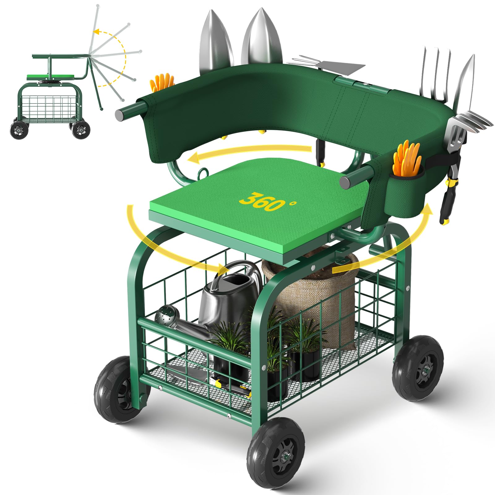 Suntee front view of garden seat showing stable frame and basket for easier gardening