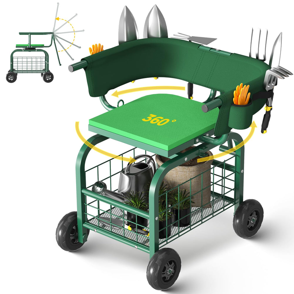 Suntee front view of garden seat showing stable frame and basket for easier gardening