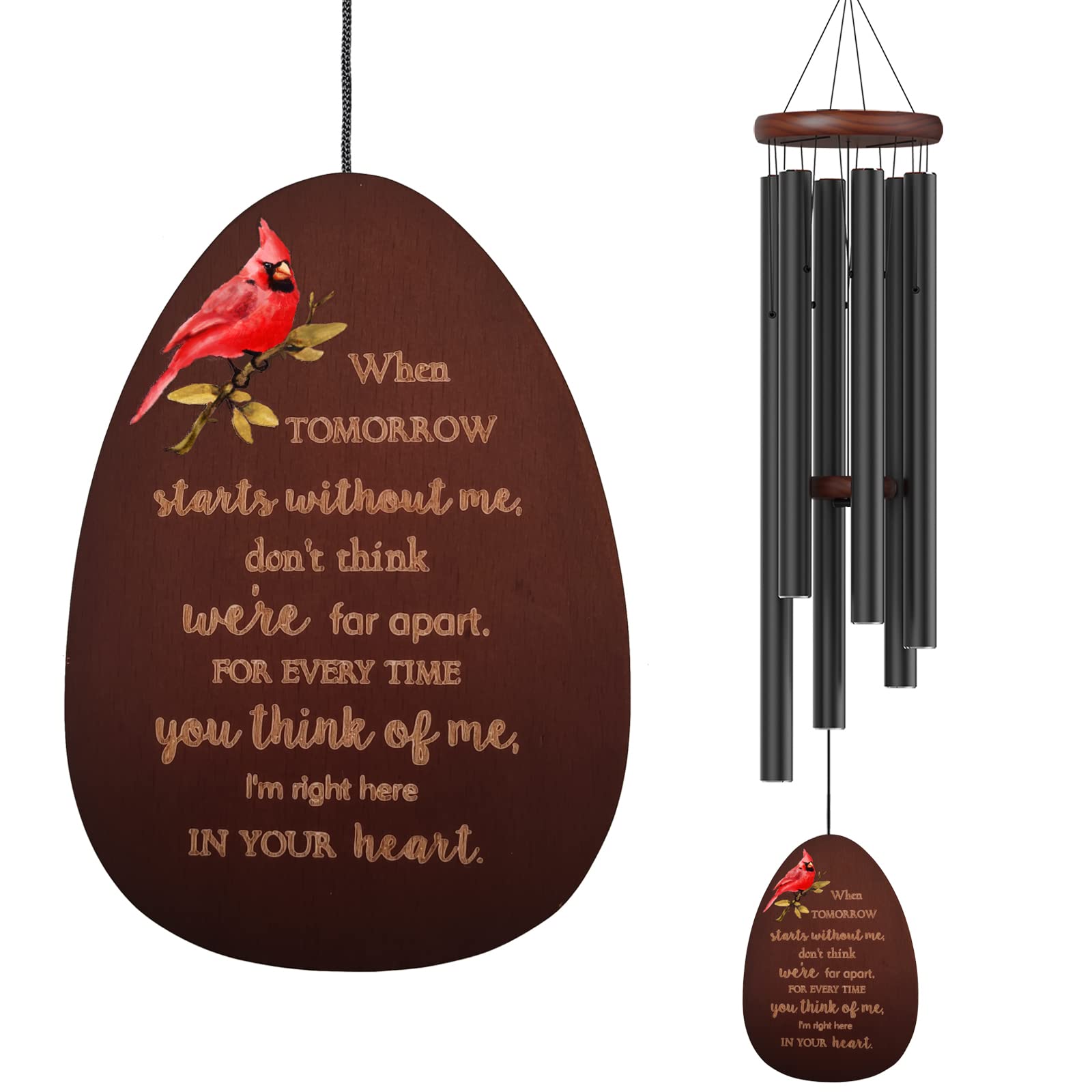 Suntimber cardinal wind chime front view showing full length and design benefit of visible tribute