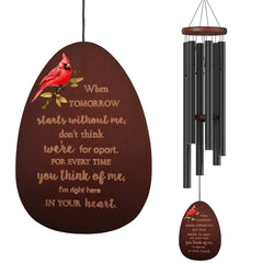 Suntimber cardinal wind chime front view showing full length and design benefit of visible tribute