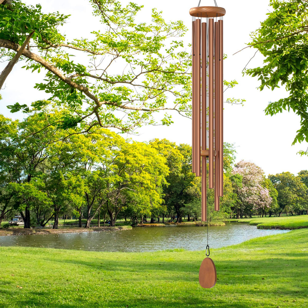 Suntimber front view of bronzed wind chimes showing elegant outdoor decor benefit