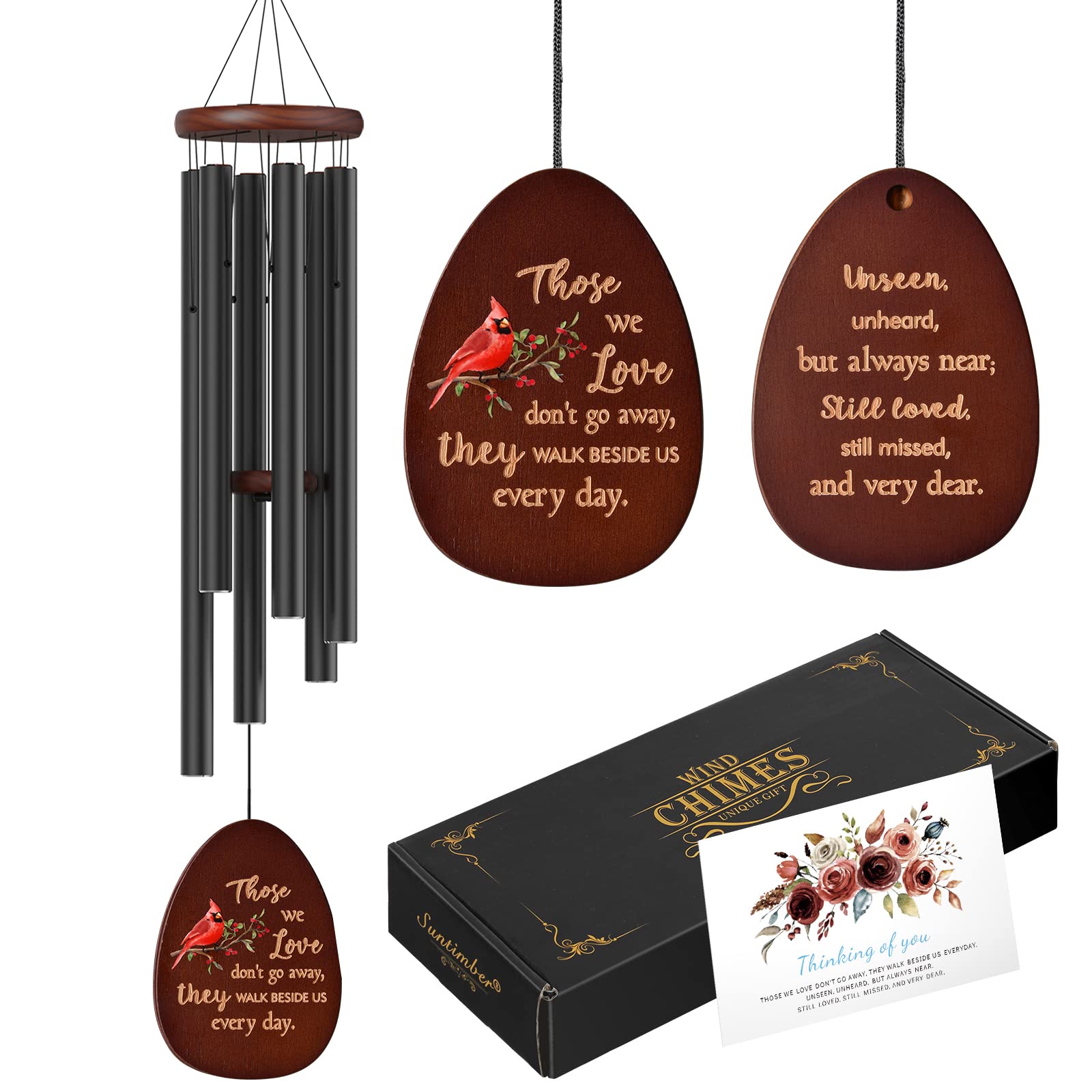 Suntimber front packaging showing cardinal wind chime and gift box, comforting presentation