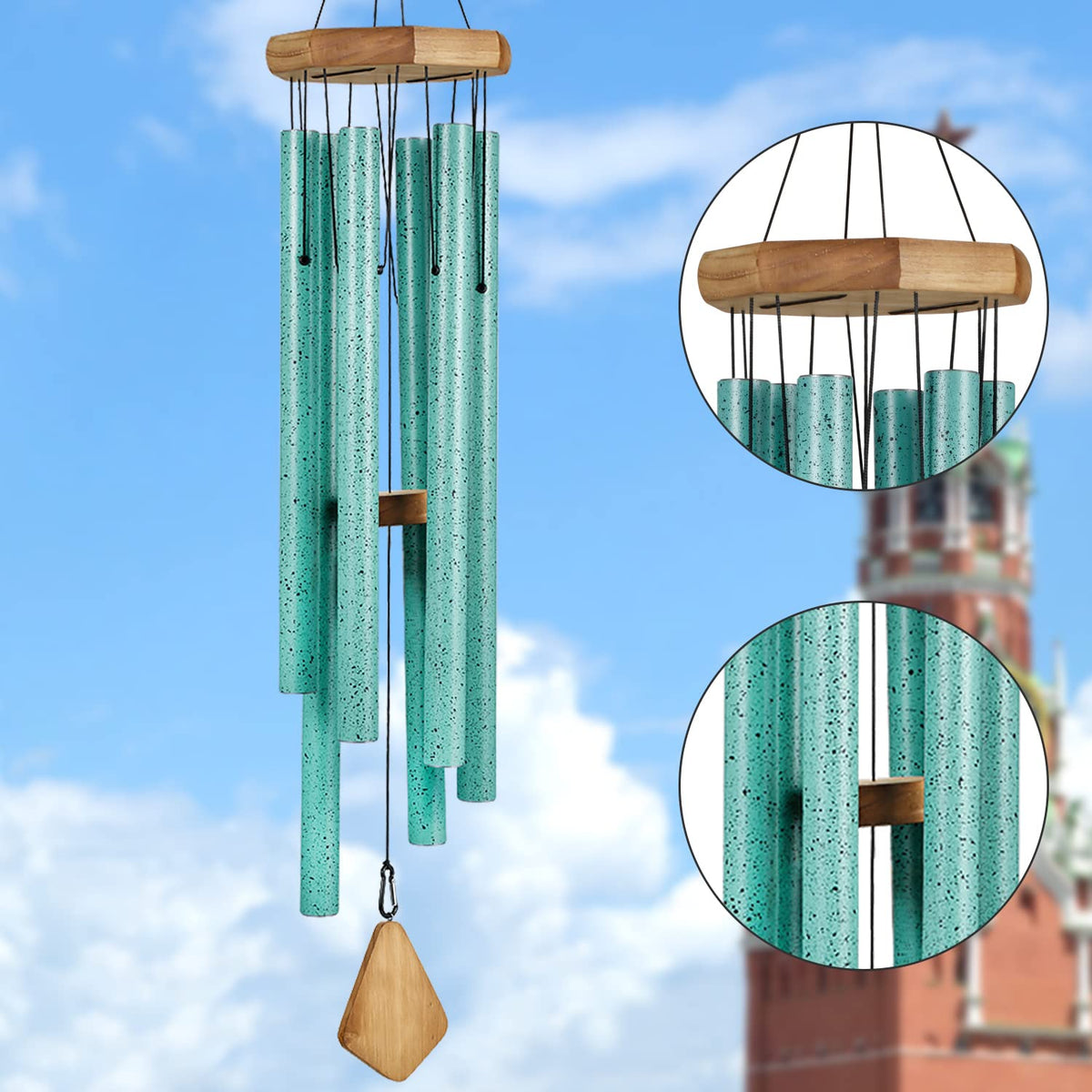Suntimber front view showing blue patina tubes and overall elegant look, enhances outdoor decor