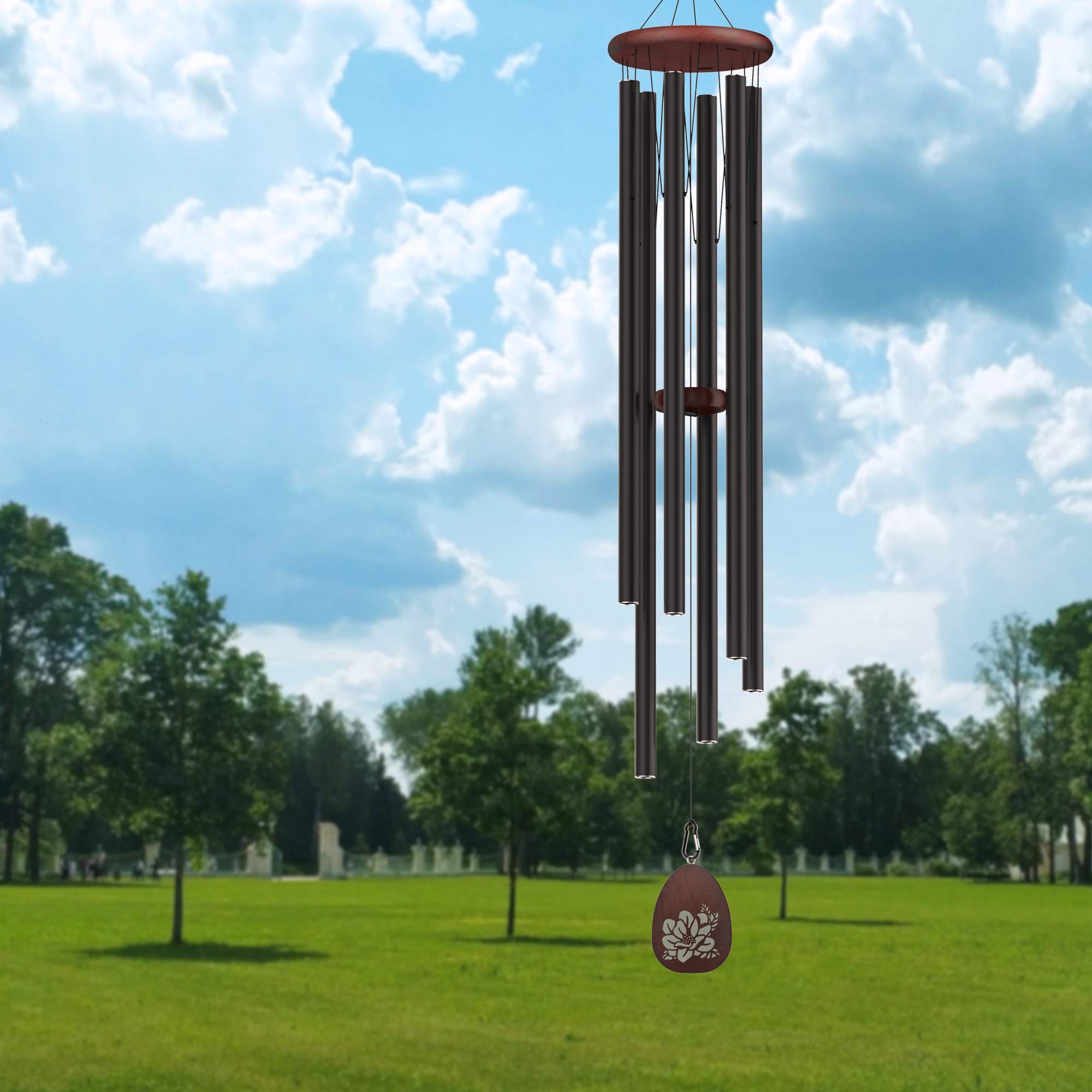 Suntimber front view of 58-inch wind chime showing full silhouette and deep tone benefit
