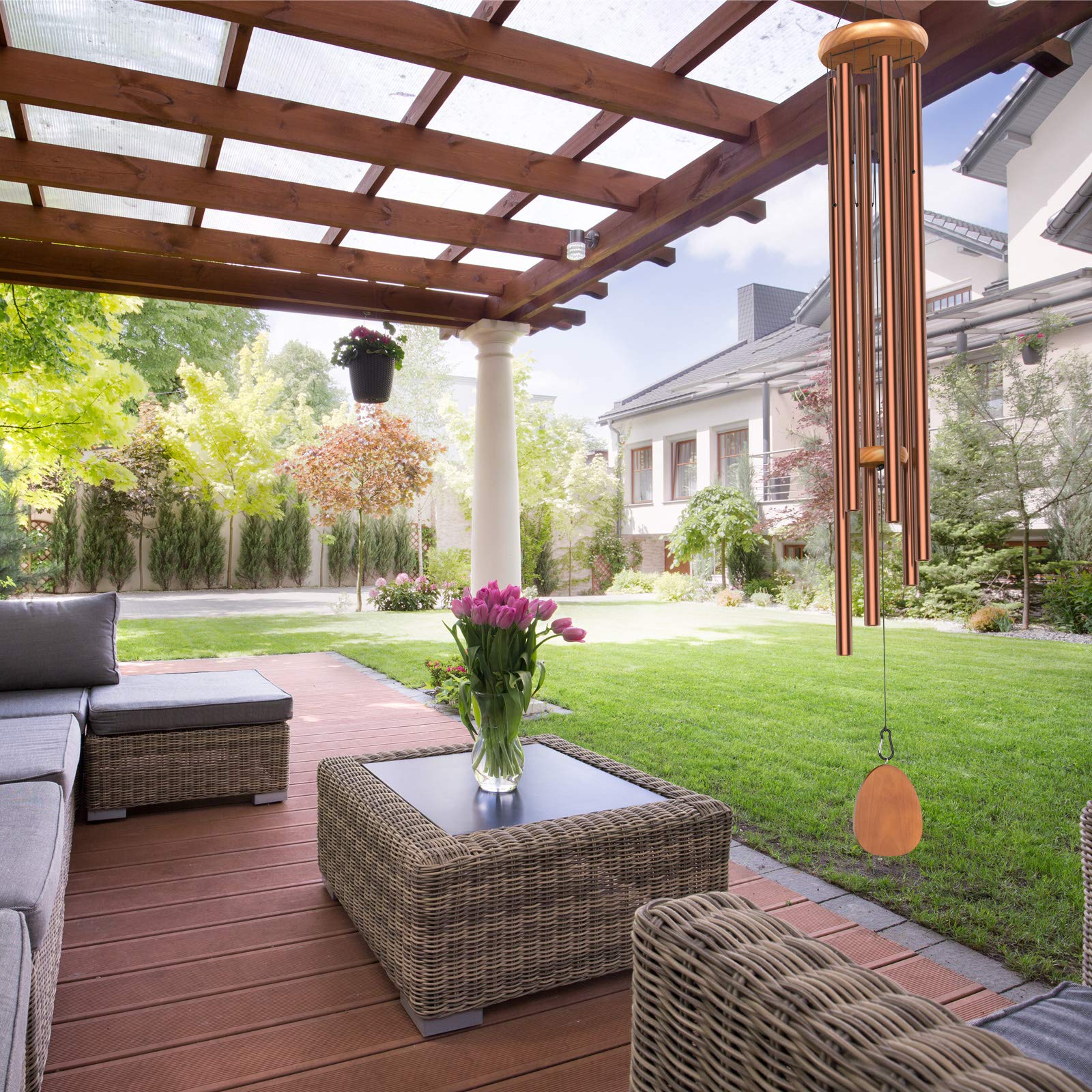 Suntimber installed in garden showing ambient melodies for patio atmosphere benefit