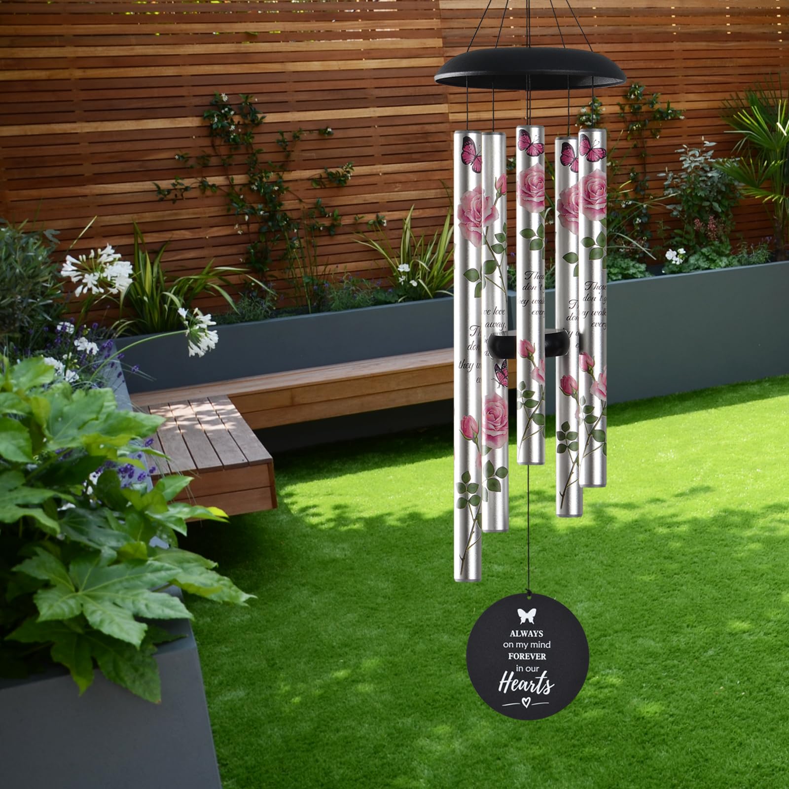 Suntimber hung in garden providing peaceful outdoor remembrance setting