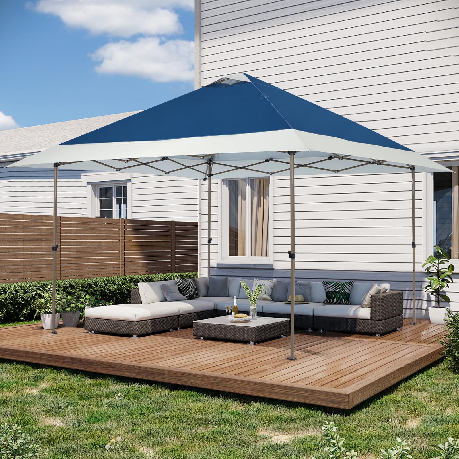 OUTDOOR LIVING SUNTIME canopy with people for scale and usable coverage